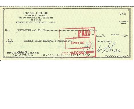 Dinah Shore signed cheque. L February 29, 1916 - February 24, 1994) was an American singer, actress, and television personali