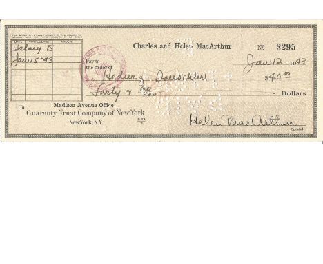 Film and TV Helen Hayes signed Madison Avenue Office cheque dated 15th Jan 1943 and 5x3 b/w vintage post card some fox marks.