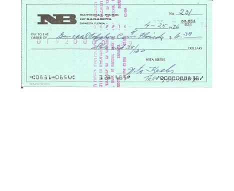 Nita Krebs signed cheque. Good Condition. All signed pieces come with a Certificate of Authenticity. We combine postage on mu