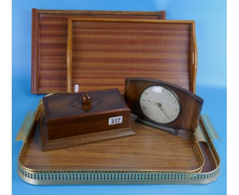 Collection of vintage trays, cigarette box and Smiths mantle clock