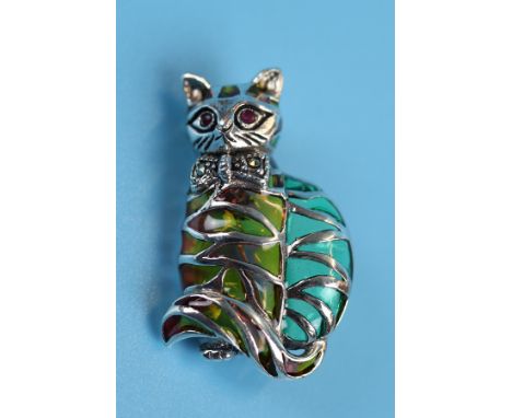 Silver, champlevé enamel &amp; ruby eyed cat brooch