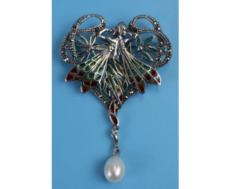 Silver &amp; champlevé enamel pearl drop brooch