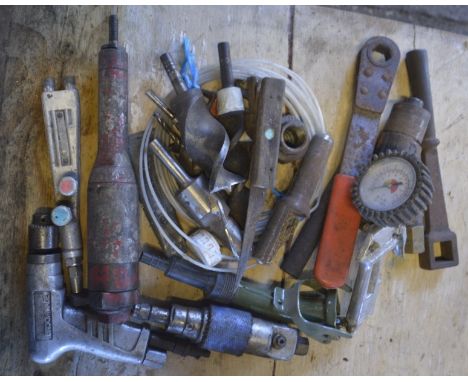 Sundry items to include drill bits, spanners, air tools, a tyre pressure gauge etc. 