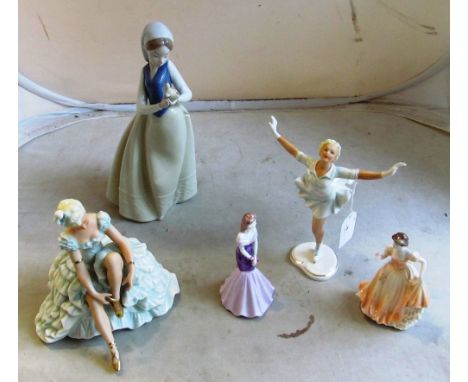 A Nao figure lady (a/f), two German figures and two Coalport figures