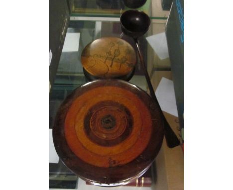 Two treen circular boxes and a ladle