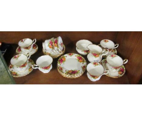 A Royal Albert Old Country Rose teaset; eight cups, eight saucers, six plates, sugar bowl and jug