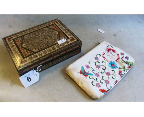 An inlaid box, glove box with vintage gloves and an embroidered purse