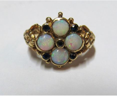 A 9ct opal and sapphire cluster ring, size M/N 4.1g