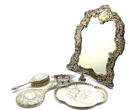 Edwardian silver heart shape dressing table mirror on easel stand Birmingham 1902 H44cm, silver dressing table tray embossed 