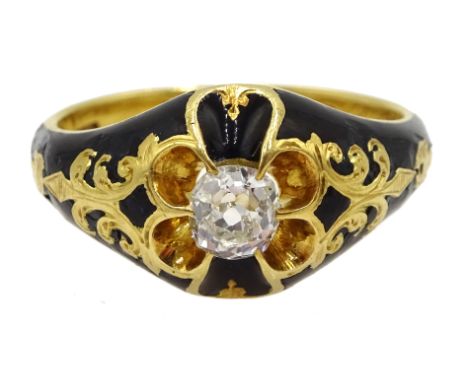 Victorian gold single stone diamond and enamel mourning ring, inscribed Sir George Goodman 13th Oct 1859, makers mark JRW (po