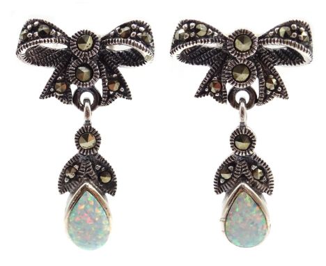 Pair of opal and marcasite pendant earrings, stamped 925  Condition Report & Further Details Click here for further images, c