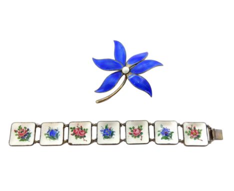 Norwegian silver and enamel flower link bracelet by Bernard Meldal and a Askel Holmsen silver and enamel Norwegian flower bro