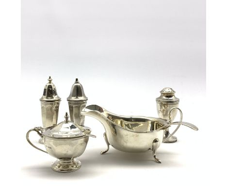 Silver three piece condiment set of panel sided design Sheffield 1936/7 and a silver sauce boat and ladle Sheffield 1937, all