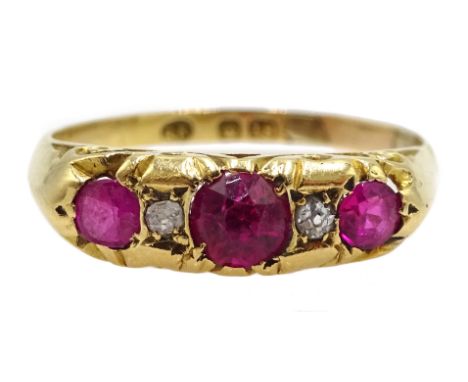 18ct gold five stone ruby and diamond ring, hallmarked Condition Report & Further Details Approx 2.4gm, size Q-RClick here fo