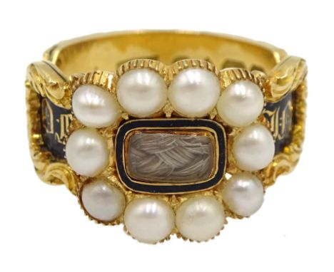 William IV 18ct gold In Memory Of split pearl, enamel and hair ring, scallop shell detail within the shank, inscribed 'John A