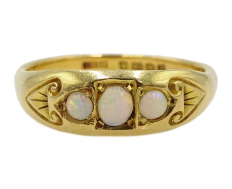 Early 20th century 22ct gold three stone opal ring, gypsy set by Kinsey Brothers & Patrick, Birmingham 1933 Condition Report 