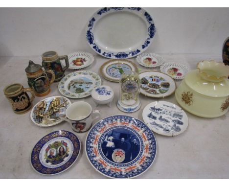 Various china plates, Steins, a retro light shade and clock