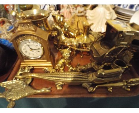 A Tray of Brass Ware to Include Horse and Trap Model, Ice Bucket, Mantle Clock, Crocodile Nut Crackers Etc. 