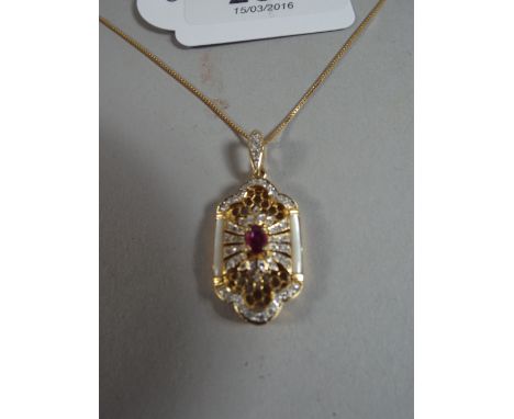 An 18ct Gold Chain and Pendant. Pendant with Ruby, Diamond and Mother of Pearl Pillars.