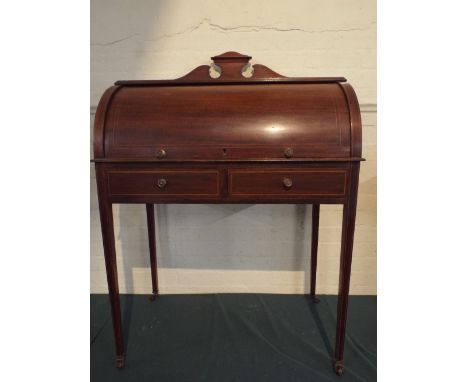 An Edwardian Inlaid Mahogany Roll Top Ladies Writing Desk with Pull Out Tooled Leather Writing Surface and Two Drawers. Fitte