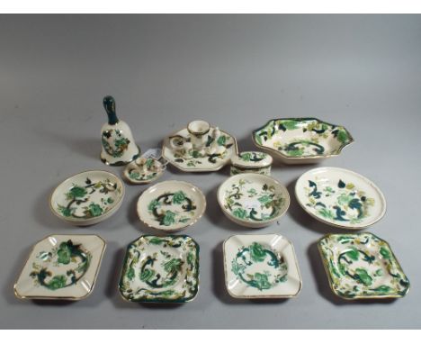 A Collection of Masons Green Chartreuse China to Include Pin Dishes, Bed Chamber Stick, Bell, Trinket Box Etc. 