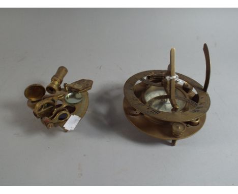 A Reproduction Brass Ship's Compass and A Reproduction Miniature Brass Sextant. 