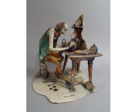 A Continental Ceramic Figure Group Depicting Clock Maker At Work Signed R Colombo.