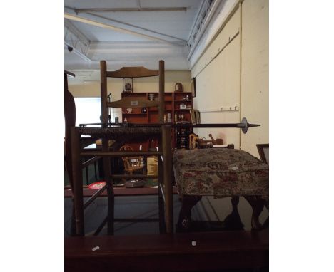 A Rush Seated Ladder Back Child's Chair, Stool and A Shooting Stick. 