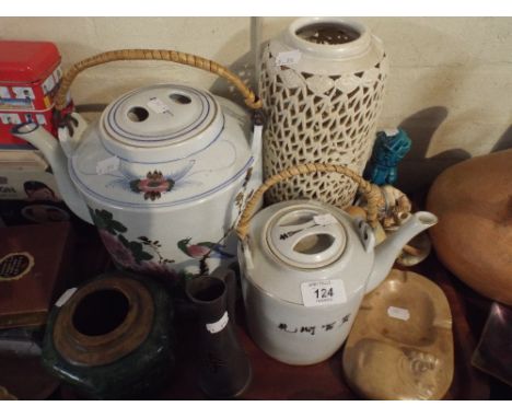 A Tray of Oriental Ceramic Wares to Include Decorated Teapots, Figural Ornaments, Mixed Metal Vase.