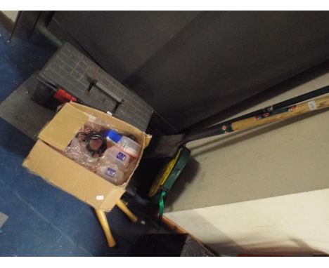 A Quantity of Garden Tools to Include Spade, Rake, Hose Reel, Tool Box and Contents Etc.