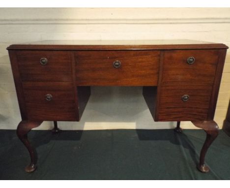 An Edwardian Mahogany Ladies Writing Desk with Deep Centre Drawer Flanked by Two Drawers Either Side on Short Cabriole Legs. 