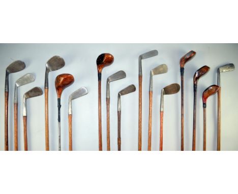 16 Vintage Golf Clubs, Drivers, Irons & Putters including Mashie, G.E. Zenith, Forrest, Mashie 8A Special, Sammy Premier Spec