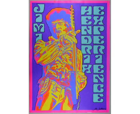 Jimi Hendrix Experience - poster by John Judkins, signed John Judkins 70, yellow on purple and pink background, flat, 33 x 23