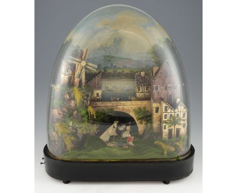 Victorian automaton diorama set under handpainted glass dome including a ship and windmill.  .  