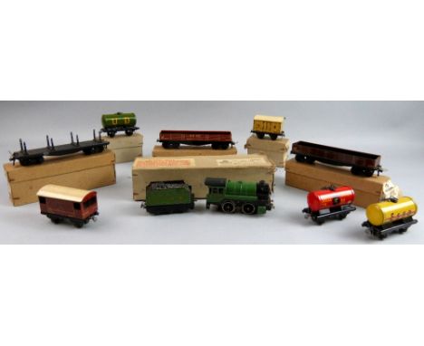 Trix Twin Railway Engine and Tender, Passgr. N.E.4/520, High Capacity Wagon 676, Bogie Bolster Wagon, Bogie Brick Wagon 675, 