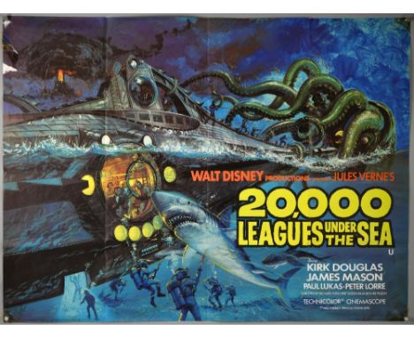 Walt Disney 20,000 Leagues Under The Sea (R-1970's) British Quad film poster, folded, 30 x 40 inches.  Re-release.