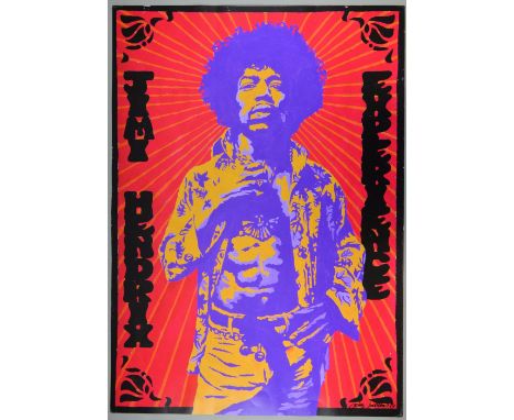 Jimi Hendrix - poster by John Judkins, signed John Judkins 69, purple and yellow on red background, flat, 33 x 23.5 inches.Pr