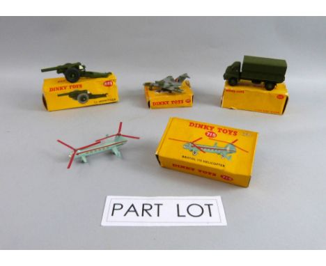 Collection of Dinky vehicles including Bristol 715 Helicopter, Gloster Javelin Fighter 735, 3 Ton Army Truck 621, Military Am