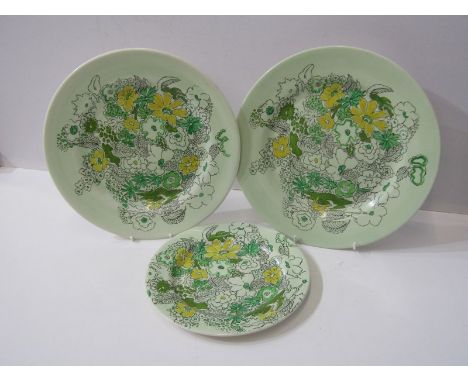 CLARICE CLIFF, "Crepe de Chene" pattern plates, 2 x 26cm and single 20cm plates