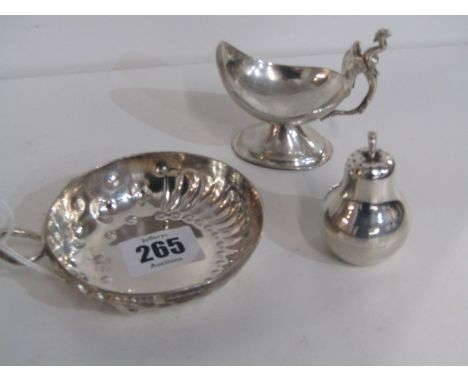 SILVER WINE TASTER, also pear shaped silver pepperette and dragon handled table salt, total weight 152 grams