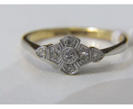 DIAMOND RING, Art Deco design 18ct yellow and white gold ring, set diamonds in a Deco design plaque, size O