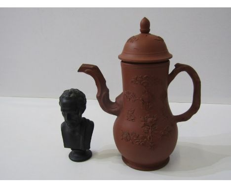 ELERS-TYPE REDWARE, chocolate pot with relief floral design and crabstock handle, (poorly fitting lid); also an antique Wedgw