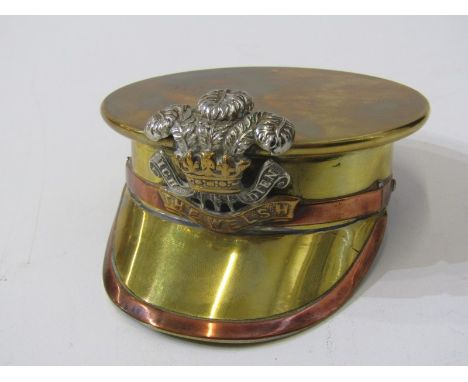 MILITARY TOBACCO BOX, novelty brass tobacco box in form of soldier's cap with "The Welsh" crest, 14cm width