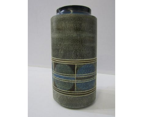 TROIKA, cylindrical, textured 20cm vase, blue and grey pattern banding, signed "Troika A B"