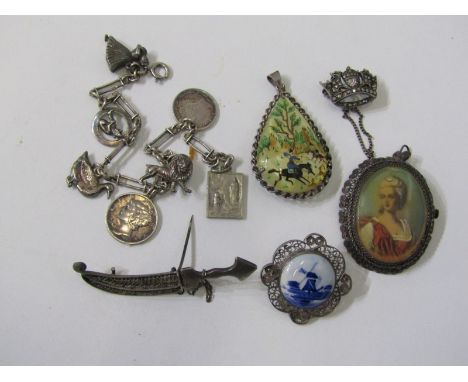 SILVER FRAMED BROOCHES, ETC, 5 assorted brooches, 1 of tear drop design, decorated with an Easter scene, another portrait of 