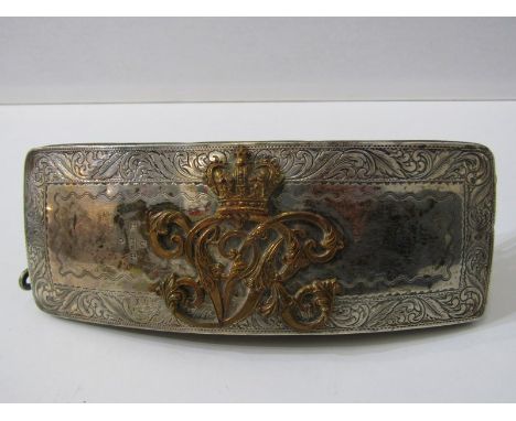 MILITARIA, Victorian silver officer's belt buckle, HM Birmingham 1868 with regimental crest to front, old label attached deta