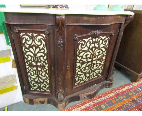 VICTORIAN CHIFFONIER, shaped white marble top serpentine fronted chiffonier, fretwork panel cupboards, (needs restoration) 13