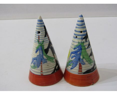 CLARICE CLIFF, pair of Pine Grove conical salts, 9cm height