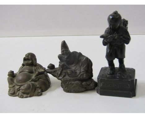 ORIENTAL METALWARE, small bronze Buddha, 4cm height, also a bronze Deity figure and a Japanese Scholar figure