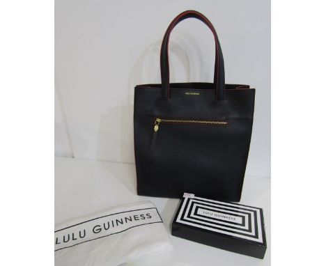 LULU GUINNESS, black leather Lulu Guinness hand back with red trim 53cms hight with protective cloth bag, also a matching pur